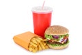 Cheeseburger hamburger and fries menu meal drink isolated Royalty Free Stock Photo