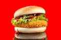 Cheeseburger hamburger isolated on red background. BBQ sauce and lettuce. Royalty Free Stock Photo