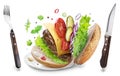 Cheeseburger ingredients and eating utensils hanging in the air. Conceptual picture of fast food. File contains clipping path