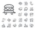 Food delivery line icon. Cheeseburger meal sign. Plane, supply chain and place location. Vector