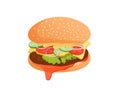 Cheeseburger with meat, salad, tomato, cucumber, onion, sauce and cheese. Vector flat illustration of fast food Royalty Free Stock Photo