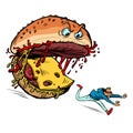 Cheeseburger monster character eats a human. Dangerous fast food. Food Attack