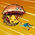 Cheeseburger monster character eats a human. Dangerous fast food. Food Attack