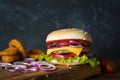 Cheeseburger and onion fries on wooden chopping board Royalty Free Stock Photo