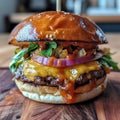 a cheeseburger with onions and lettuce on a wooden surface