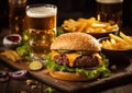 Cheeseburger with salad and hot sauce with chips and beer glasses on wooden background.Macro.AI Generative Royalty Free Stock Photo