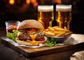 Cheeseburger with salad and hot sauce with chips and beer glasses on wooden background.Macro.AI Generative Royalty Free Stock Photo