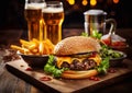 Cheeseburger with salad and hot sauce with chips and beer glasses on wooden background.Macro.AI Generative Royalty Free Stock Photo