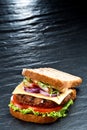 Cheeseburger served with vegetables and potato on black stone background, vertical shot