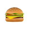 Cheeseburger with a slice of cheese, pickles, tomato, beef patty, lettuce and toasted sesame bun. Classic burger icon. Cartoon Royalty Free Stock Photo
