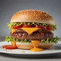 Cheeseburger with tomato slices, lettuce, cheese and beef patty on a sesame bread bun