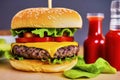 Cheeseburger with tomatoes and lettuce in side view in front of out of focus bottles with ketchup, made with generative AI