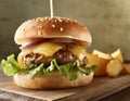 Cheeseburger with vegetables and fries, located on a wooden board