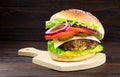 Cheeseburger on a wooden background. Hamburger with cheese. Burger isolated. Tasty Dinner.Copy space