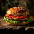 a cheeseburger on a wooden surface