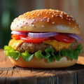 a cheeseburger on a wooden surface