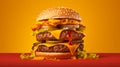 Cheeseburger on a yellow background. Juicy tasty burger