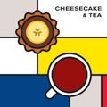 Mini banana chocolate cheesecake with tea cup. Modern style art with rectangular color blocks.