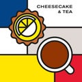 Mini lemon cheesecake with tea cup. Modern style art with rectangular color blocks.