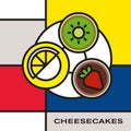 Three mini fruit cheesecakes on saucer. Lemon cheesecake. Chocolate strawberry cheesecake. Kiwi cheesecake.