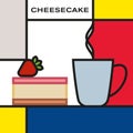 Chocolate cheesecake with strawberry and coffee cup with smoke. Modern style art with rectangular color blocks.