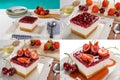 Cheesecake with berries,fresh strawberry and cherry cheesecake on table. Collage of set photos