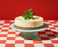a cheesecake on a cake stand with a green leaf on top Royalty Free Stock Photo