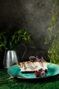 Cheesecake with chocolate flavor is on a plate with blackberries In the background a bank with mint