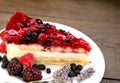 Cheesecake cremy cake made with forest berries on plate closeup