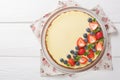 Cheesecake with fresh berries strawberry, blueberry New York dessert. Horizontal top view