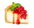 Cheesecake with fresh red currants, syrup and mint leaves