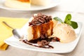 Cheesecake with ice cream and chocolate