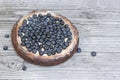 Cheesecake New York with blueberry on a wood background