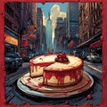 Cheesecake in New York city in 90\'s comics style Royalty Free Stock Photo