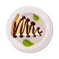 Cheesecake Piece with Chocolate and Mint Leaf as Dessert Served on Plate Vector Illustration
