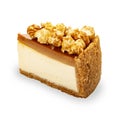 Cheesecake with popcorn and salted caramel. A cut off piece. On a white background, isolated Royalty Free Stock Photo