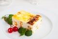 Cheesecake with pumpkin, mint and cherry