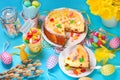 Cheesecake with raisins on easter table Royalty Free Stock Photo