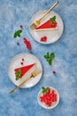 Cheesecake with red currant on a blue background