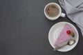 Cheesecake slice with berries, pink cheesecake isolated with coffee cup, flat lay with copy space