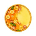 Cheesecake with slices of orange and kumquat isolated on white