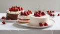 cheesecake with strawberries cakes with different flavors and decorations on a white tablecloth.