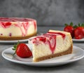 Cheesecake with strawberry flavor drizzled through the bake