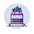 Cheesecake with whipped cream, jelly, syrup, and whole blueberries. Yummy dessert Icon. Cute kawaii illustration.