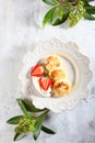 Cheesecakes on a white plate with strawberries. Dish for Breakfast. Copy of the space. Blooming tree branches at the edges