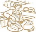Cheesemaker cutting piece of cheese knife Black illustration vector sketch. ink transparent background vector. AI generated Royalty Free Stock Photo