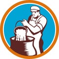 Cheesemaker Pouring Bucket Curd Circle Woodcut