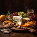 cheeses contrast with the crispness of the fruits and crackers, illustration, Generative AI