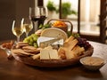 cheeses and crisp crackers in a rustic basket