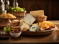 cheeses and crisp crackers in a rustic basket